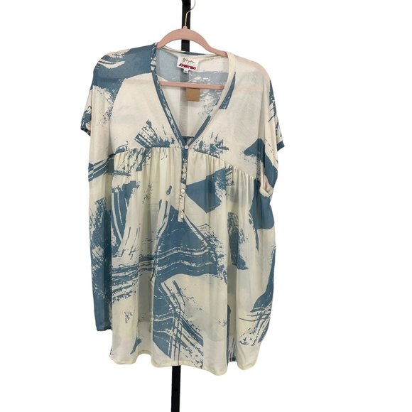 Johnny Was Biya Silk & Knit Popover Blouse Top Womens S Oversize Watercolor Blue - Picture 2 of 8